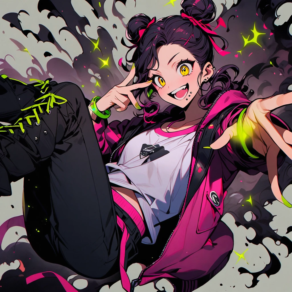 (well done: 1) man, dark pink long curly hair tied in a bun, yellow eyes, mouth piercing, green bracelet, green nails, white t-shirt with a symbol in the middle, pink jacket, black pants, high boots.