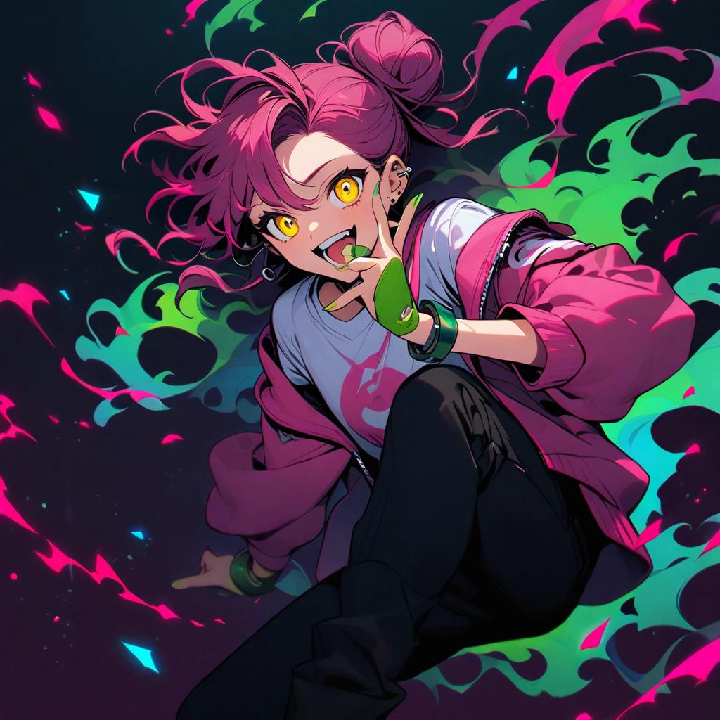 (well done: 1) man, dark pink long curly hair tied in a bun, yellow eyes, mouth piercing, green bracelet, green nails, white t-shirt with a symbol in the middle, pink jacket, black pants, high boots.