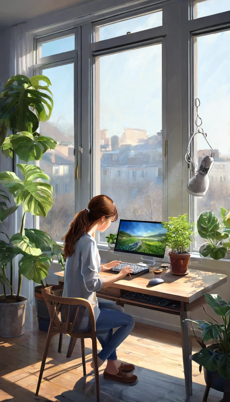 Scene 5: New Coronavirus (COVID-19) (2019-present)
Painting Style: realistic photorealistic
Activity: remote work
SEASON & TIME OF DAY: Spring morning
Location: contemporary living room
Event: COVID-19 influence
Atmosphere: Contemporary and relaxed
People: Young woman working remotely
Sensory elements: The feel of the keyboard, the smell of coffee, the quiet environment
Visual elements: computer, camera, houseplants, urban landscape