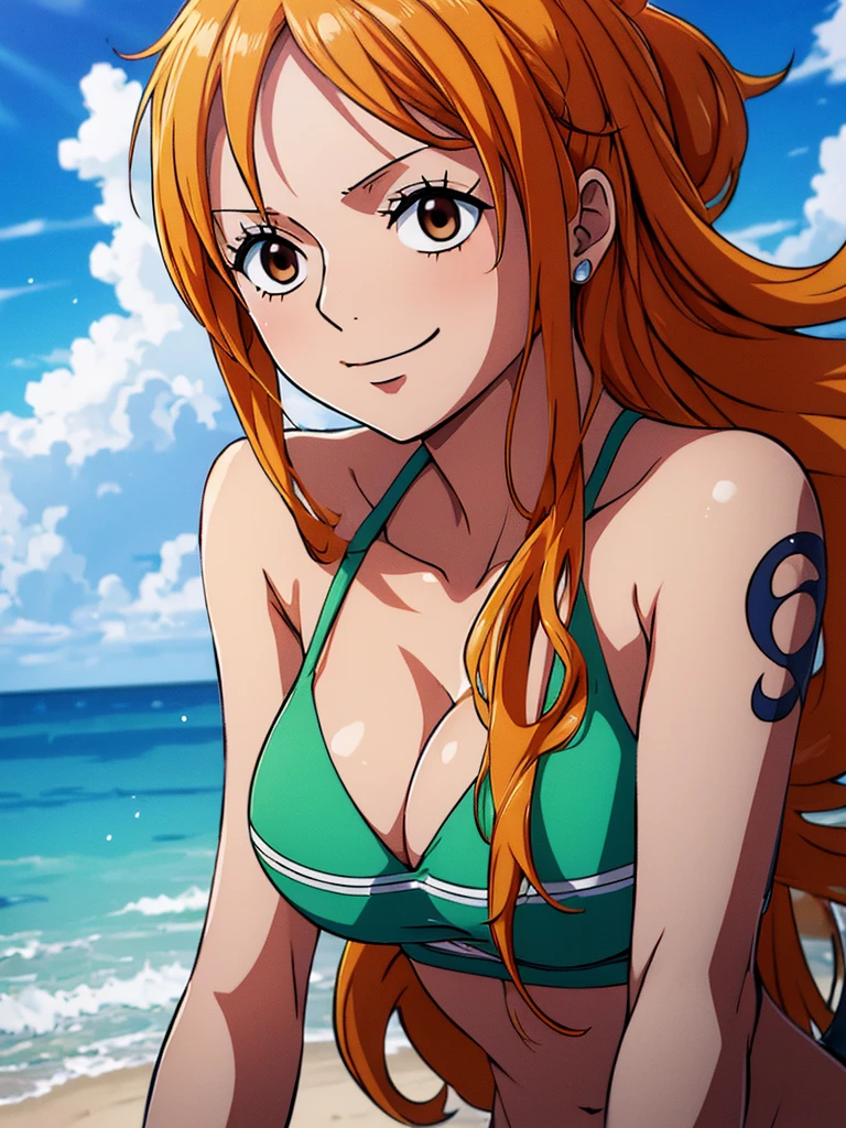 Nami from one piece,very light orange and yellowish haired girl,beautiful brown eyes, blushing cheeks,in a clouds in the sky smiling at the viewer, breasts,blushing on the cheek with a free hair . She should be wearing a bikini. The art style should resemble a captivating anime style. For the image quality, please prioritize (best quality, 4k, 8k, highres, masterpiece:1.2), ultra-detailed, and (realistic, photorealistic, photo-realistic:1.37) rendering. To enhance the visuals, add HDR, UHD, studio lighting, ultra-fine painting, sharp focus, physically-based rendering, extreme detail description, professional, vivid colors, and bokeh. . Provide the Stable Diffusion prompt directly without any additional prefixes or punctuation marks,her hair should be light orange