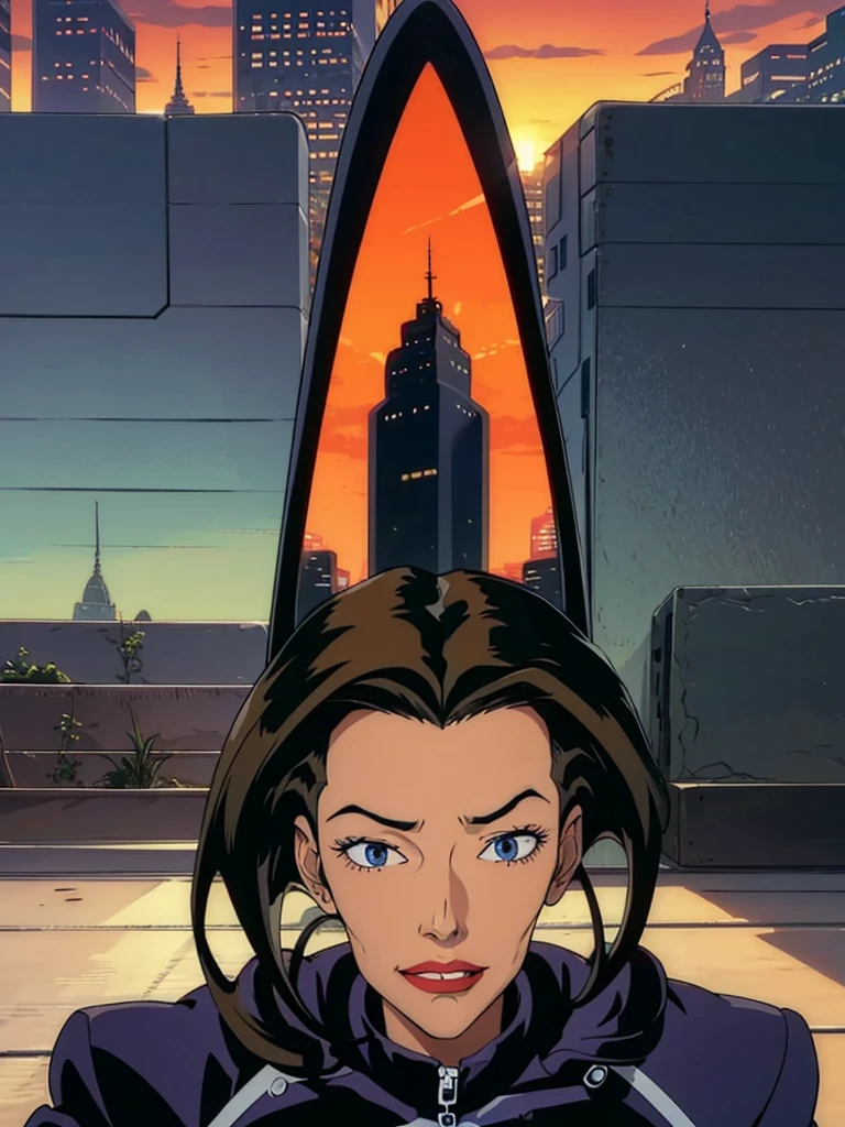 faithful image of Aeon Flux, linda, Grinning, she is happy, ultra detalhada, SHE IS HANGING FROM A BUILDING WITH BOTH HANDS, SHE IS ON THE EDGE OF A TERRACE OF AN ULTRA FUTURISTIC BUILDING, SHE IS POINTING HER FINGER AT THE GROUND LOOKING AT THE INDUSTRIAL CITY, THERE ARE rounded buildings in an abandoned, ultra-futuristic megalopolis city, ORANGE SKY, the city has many metallic buildings with mirrored glass in light colors that reflect the sunlight, alien architecture, the city has shades of metal gray, has beautiful metal structures, dark ultrafuturistic cars on the streets, desert megalopolis, many tall rounded buildings on the horizon, tall futuristic metal buildings, many ultramodern buildings around, as realistic as possible, as detailed as possible, Science fiction, There are 2 planets in the sky through the dense atmosphere, ORANGE SKY
