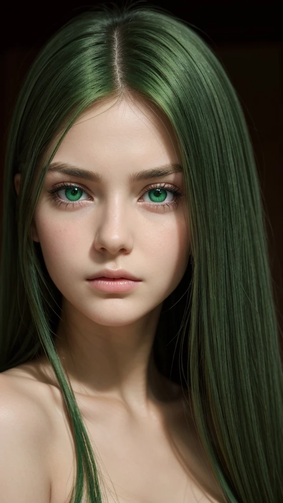 a girl. face sent feeling. Europe. Oval face. long face. delicate facial features. sad eyes. seductively seductive. green eyes. long straight hair. green hair. Sad and disappointed expression.