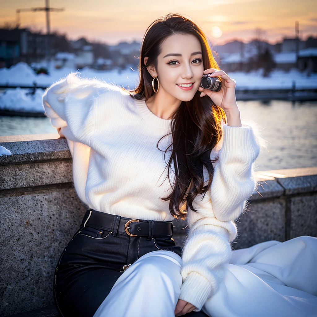 ((Top quality、8K、masterpiece:1.3))、Very pretty beautiful girl,full-body shot,Huge breasts,Breast enlargement,Amazing breast size,G cup,Half breast exposed。Wear big earrings,The skin is so white,Hydrating red lips,Very thin waist,Very thin thighs,Big Ass,Fair and smooth skin,Smooth and fair skin,Flawless skin,Fair and shiny skin,Cool white skin,Camera focuses on breasts,Bright Light,White sweater,Lower body exposed,White hair,White hair,Blizzard,Snow Mountain,Sunset,lake,sweet smile,Mouth slightly open