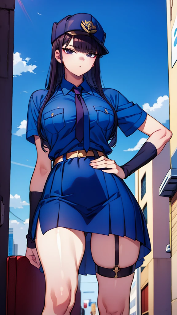 a cartoon character in a sexy suit posing on the street with a bush, police officer, police uniform, 1 girl, police woman, shirt, skirt, hat, tie, police cap, blue eyes, gloves, breasts, purple hair very dark, thighs, solo, navel, garter straps, looking at viewer, short sleeves, large breasts, underwear, miniskirt, midriff, ass visible through thighs, panties, outdoors, indentation, braid, hand in hand hip, belt, black skirt, uniform, collared shirt, frown, thigh highs, peaked cap, crop top, black panties, blue shirt, chest pocket, V-shaped eyebrows, Eiko Tsukimi, blue eyes, purple hair very dark baseball cap