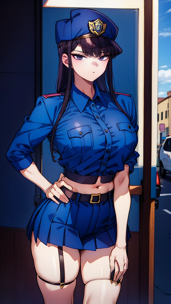 a cartoon character in a sexy suit posing on the street with a bush, police officer, police uniform, 1 girl, police woman, shirt, skirt, hat, tie, police cap, blue eyes, gloves, breasts, purple hair very dark, thighs, solo, navel, garter straps, looking at viewer, short sleeves, large breasts, underwear, miniskirt, midriff, ass visible through thighs, panties, outdoors, indentation, braid, hand in hand hip, belt, black skirt, uniform, collared shirt, frown, thigh highs, peaked cap, crop top, black panties, blue shirt, chest pocket, V-shaped eyebrows, Eiko Tsukimi, blue eyes, purple hair very dark baseball cap