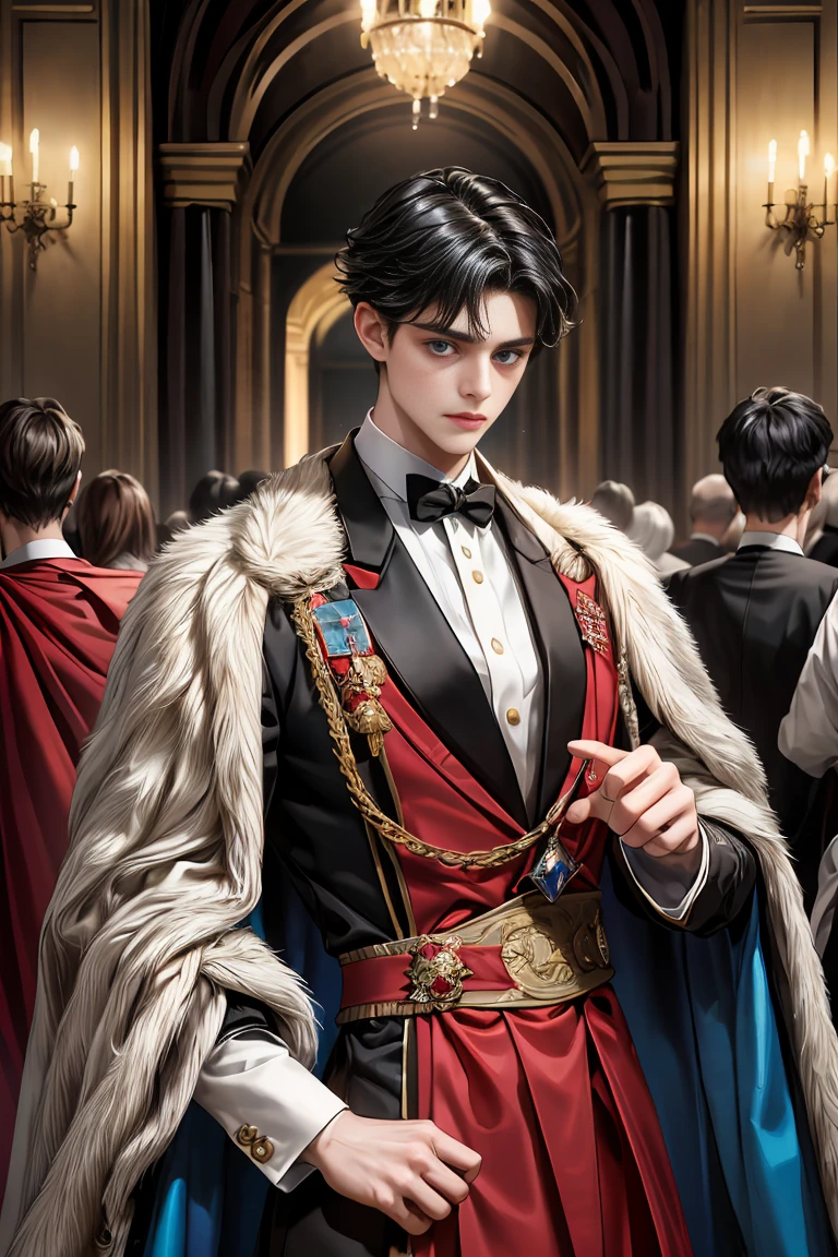 masterpiece, 最high quality, high quality, 1 boy, alone, Male focus, Watching the audience, Messy black hair, Adorable big blue eyes, White people, Noble, Noble,Sexy voluminous black and red cape、Tuxedo、A very voluminous, large, very large, very large, long, long red and black cape with a high stand-up collar, reaching down to the floor, made of a lot of fabric., ,Cute beautiful boys,Cute, cute, kind, handsome guy