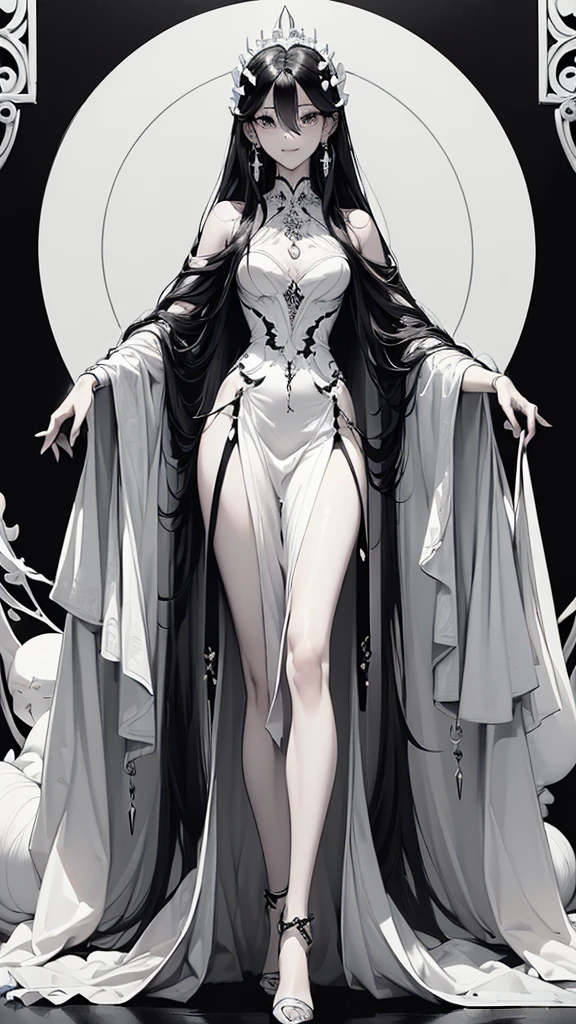 34-year-old woman, yellow eyes, short black hair, pale skin, height of 2 meters and 90 centimeters, wearing a long white dress with a white hat, large breasts