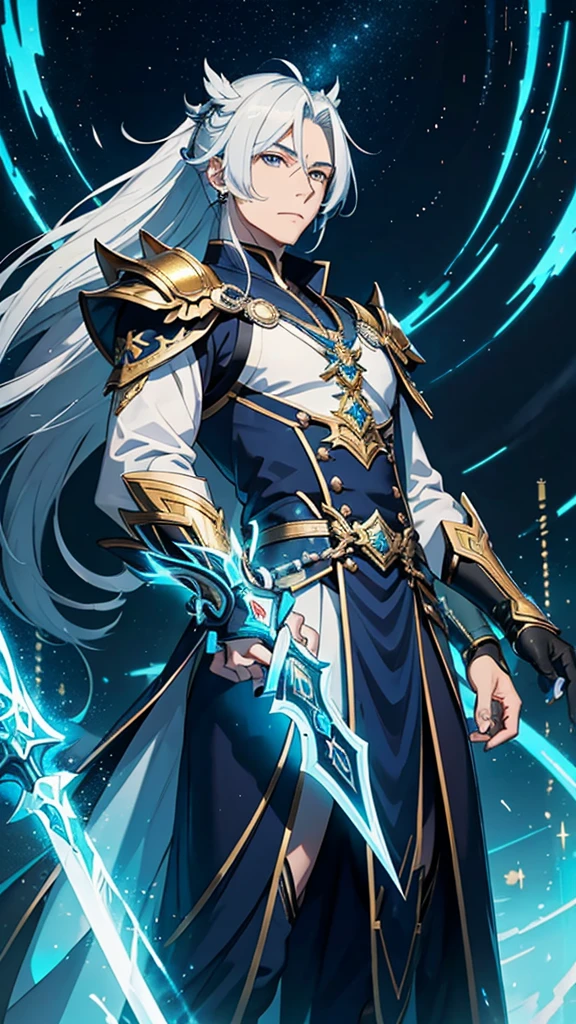 Draw Jing Yuan, the imposing high-ranking commander from the game Honkai Star Rail. Jing Yuan has long white hair that flows smoothly over his shoulders, complementing his piercing blue eyes and a serious, resolute expression. His armor is intricate, composed of silver metal plates with gold and royal blue details, reflecting his elevated status. The armor includes ornate pauldrons, a robust chestplate, and decorated gauntlets, all with a metallic sheen exuding power and authority. Jing Yuan holds a long, elegant sword, with a shining silver blade and a hilt adorned with mystical inscriptions and blue jewels. Around Jing Yuan, the setting is futuristic and majestic, with grand structures of advanced architecture, illuminated by blue and gold neon lights. The sky in the background is filled with stars and nebulas, giving a sense of vastness and mystery. Streaks of energy traverse the environment, creating an electrifying and dynamic atmosphere. Jing Yuan stands in a position of leadership, perhaps at the top of an imposing staircase or on an elevated platform, highlighting his commanding and charismatic presence. Capture the essence of his leadership and power, emphasizing his striking presence and sophisticated appearance.