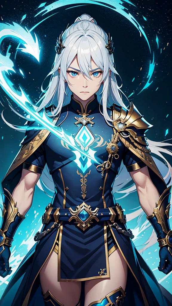 Draw Jing Yuan, the imposing high-ranking commander from the game Honkai Star Rail. Jing Yuan has long white hair that flows smoothly over his shoulders, complementing his piercing blue eyes and a serious, resolute expression. His armor is intricate, composed of silver metal plates with gold and royal blue details, reflecting his elevated status. The armor includes ornate pauldrons, a robust chestplate, and decorated gauntlets, all with a metallic sheen exuding power and authority. Jing Yuan holds a long, elegant sword, with a shining silver blade and a hilt adorned with mystical inscriptions and blue jewels. Around Jing Yuan, the setting is futuristic and majestic, with grand structures of advanced architecture, illuminated by blue and gold neon lights. The sky in the background is filled with stars and nebulas, giving a sense of vastness and mystery. Streaks of energy traverse the environment, creating an electrifying and dynamic atmosphere. Jing Yuan stands in a position of leadership, perhaps at the top of an imposing staircase or on an elevated platform, highlighting his commanding and charismatic presence. Capture the essence of his leadership and power, emphasizing his striking presence and sophisticated appearance.