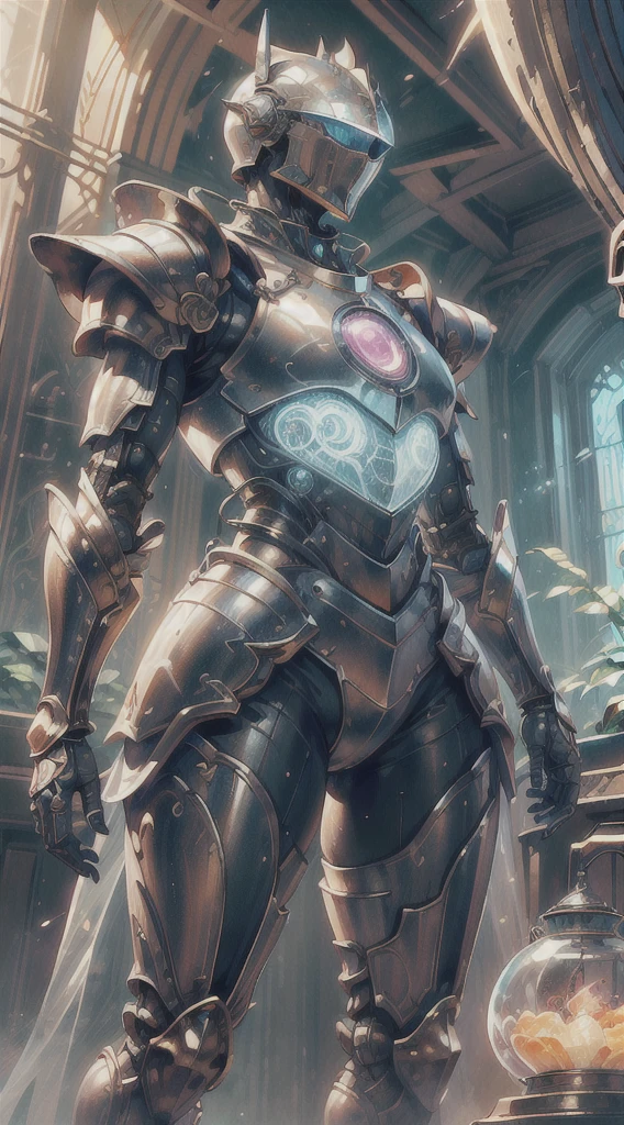 A female knight wearing a full suit of armor, with intricately designed plates covering her body. Her armor is a fusion of futuristic technology and medieval elements, blending sleek metallic surfaces with ornate engravings and motifs. The knight stands in a vast landscape that mixes medieval castles and futuristic skyscrapers, symbolizing the fusion of medieval and sci-fi worlds. The knight's armor emits a soft glow, highlighting its advanced technological features. Her helmet reveals her determined eyes, sharp and focused under the protection of the visor. The armor is embellished with intricate detailing, catching the light in mesmerizing patterns. The color scheme is a harmonious blend of metallic tones, with shades of silver, gold, and bronze dominating the armor. The surrounding landscape showcases a contrast between the warm earthy hues of the medieval structures and the cool futuristic tones of the skyscrapers. The lighting creates a dramatic effect, with rays of sunlight piercing through the clouds, casting a majestic glow upon the knight and the landscape. The combination of natural and artificial light sources creates a captivating play of shadows and highlights, enhancing the depth and realism of the scene. This image portrays the best quality and resolution, enabling viewers to appreciate every intricate detail of the illustration. It captures the essence of a futuristic medieval world, showcasing the marriage of advanced technology and old-world charm. The artwork is reminiscent of a photorealistic digital painting, with ultra-detailed and vivid colors, capturing the viewer's attention and immersing them in this captivating universe.