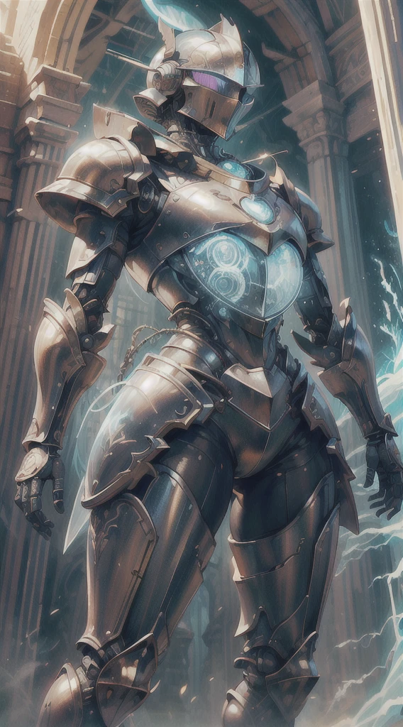 A female knight wearing a full suit of armor, with intricately designed plates covering her body. Her armor is a fusion of futuristic technology and medieval elements, blending sleek metallic surfaces with ornate engravings and motifs. The knight stands in a vast landscape that mixes medieval castles and futuristic skyscrapers, symbolizing the fusion of medieval and sci-fi worlds. The knight's armor emits a soft glow, highlighting its advanced technological features. Her helmet reveals her determined eyes, sharp and focused under the protection of the visor. The armor is embellished with intricate detailing, catching the light in mesmerizing patterns. The color scheme is a harmonious blend of metallic tones, with shades of silver, gold, and bronze dominating the armor. The surrounding landscape showcases a contrast between the warm earthy hues of the medieval structures and the cool futuristic tones of the skyscrapers. The lighting creates a dramatic effect, with rays of sunlight piercing through the clouds, casting a majestic glow upon the knight and the landscape. The combination of natural and artificial light sources creates a captivating play of shadows and highlights, enhancing the depth and realism of the scene. This image portrays the best quality and resolution, enabling viewers to appreciate every intricate detail of the illustration. It captures the essence of a futuristic medieval world, showcasing the marriage of advanced technology and old-world charm. The artwork is reminiscent of a photorealistic digital painting, with ultra-detailed and vivid colors, capturing the viewer's attention and immersing them in this captivating universe.