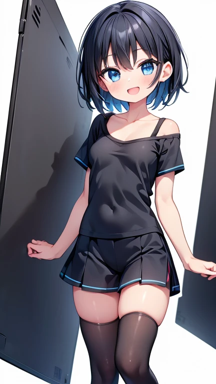 (masterpiece、Highest quality、Very detailed))、One girl、Black Hair、bob cut、Grey Eyes、evil smile、((Small breasts))、((gym uniform))、Short sleeve、((light blue panties))、((clothing lift))、((nipple))、((pussy))、Cowboy Shot、Gym storeroom