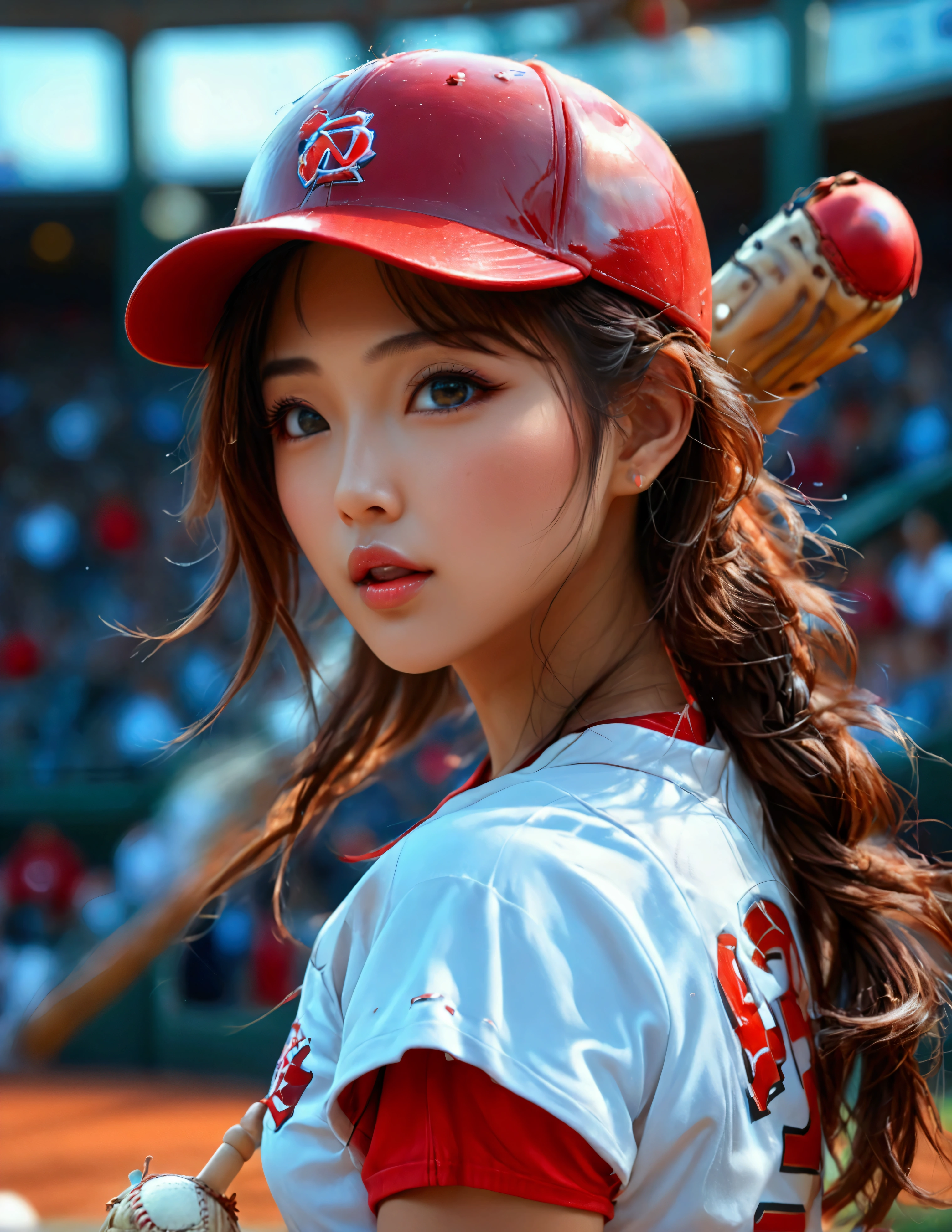 a beautiful japanese woman in a foxy baseball uniform, pitching a ball, detailed facial features, beautiful eyes, detailed lips, long eyelashes, flawless skin, toned athletic body, baseball stadium, cheering crowd, dynamic action, (best quality, 4k, 8k, highres, masterpiece:1.2), ultra-detailed, (realistic, photorealistic, photo-realistic:1.37), HDR, UHD, studio lighting, ultra-fine painting, sharp focus (show her from head to toe, show her entire body), physically-based rendering, extreme detail description, professional, vivid colors, bokeh, sports, baseball, anime