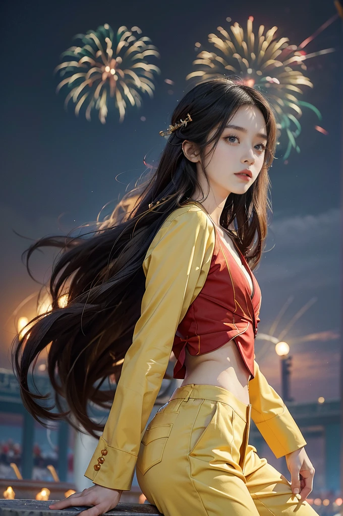 "(((best quality))),(((ultra detailed))),(((masterpiece))),illustration, ((Olympic Opening Ceremony,in Paris,summer night,magnificent National stadium of France,Olympic torch lighting, fireworks)),(crowded crowds of enthusiastic spectators:1.3),((a beautiful Chinese girl,solo)),((shoulder length straight hair:1.2)),((slim,thin)),((small breasts,flat chest)),(((red suit blazer,yellow pants))), excited expression, awe, celebrating, electric atmosphere, sense of pride, excitement, playing field, crowd energy, unity, camaraderie, representing China, historic event, memorable moment,((from front,upper body))