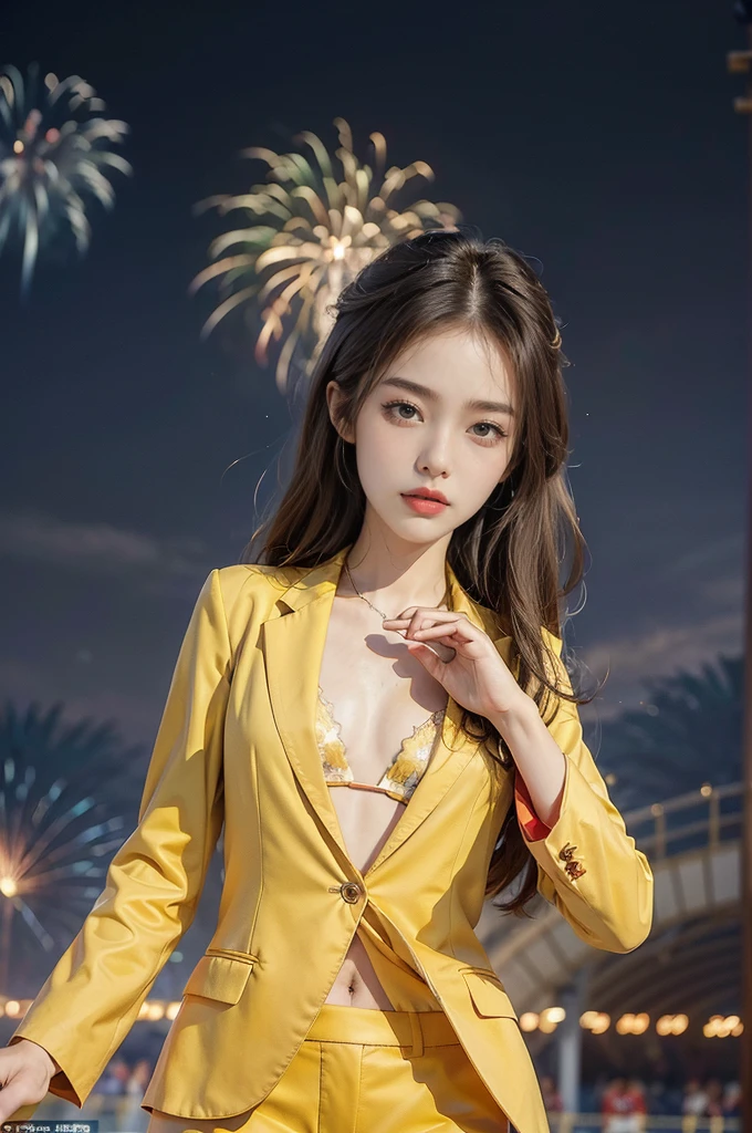 "(((best quality))),(((ultra detailed))),(((masterpiece))),illustration, ((Olympic Opening Ceremony,in Paris,summer night,magnificent National stadium of France,Olympic torch lighting, fireworks)),(crowded crowds of enthusiastic spectators:1.3),((a beautiful Chinese girl,solo)),((shoulder length straight hair:1.2)),((slim,thin)),((small breasts,flat chest)),(((red suit blazer,yellow pants))), excited expression, awe, celebrating, electric atmosphere, sense of pride, excitement, playing field, crowd energy, unity, camaraderie, representing China, historic event, memorable moment,((from front,upper body))