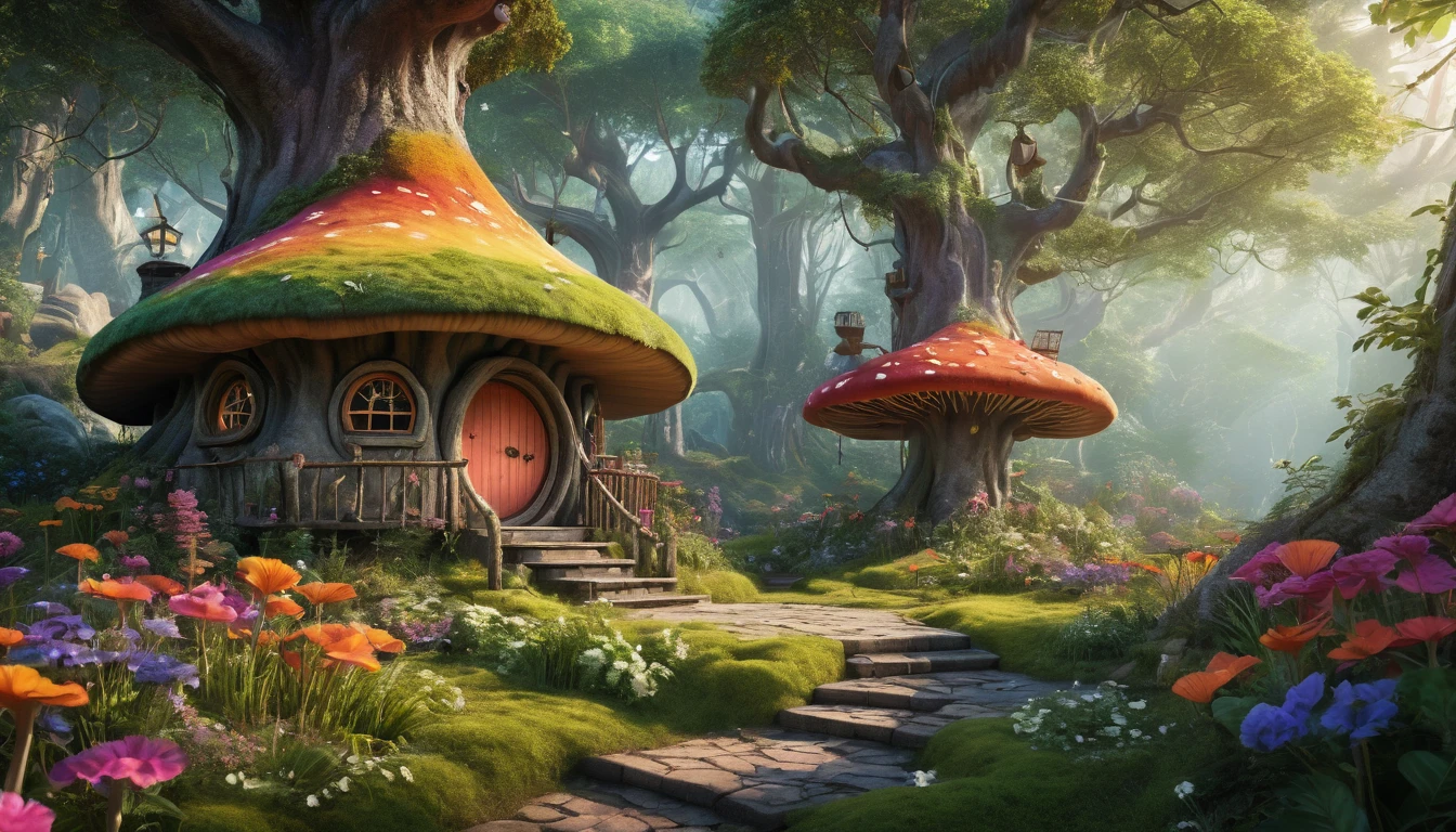 (Mysterious fantasy forest，Dense trees，A strange and cute little tree:1.5)，A hobbit cabin, It is vividly depicted in the work (Best quality, 8K, Advanced resolution, Masterpiece: 1.2), With ultra-detailed detail， (1.4x realism, Photorealistic: 1.37). This fantasy forest is made up of bright colors，bathed in the warm glow of the sun, Create a cheerful and whimsical atmosphere. The house has been designed with great attention to detail, With a complex design and unique architecture, Similar to a mushroom-shaped house。 (This fantasy forest is surrounded by lush greenery and colorful flowers), Elevate a captivating and magical environment。 The artwork showcases an illustrative style, Inspired by children's book illustrations, Ensures a glamorous and nostalgic touch. The color palette consists of vibrant rainbow colors, Seven colors，Evoke feelings of joy and playfulness. Lighting accentuates the picturesque scene, Soft and warm shadows are created that add depth and warmth to the artwork. Every detail is impeccablely presented, creating a visually stunning masterpiece，Capture the essence of the fantasy forest.