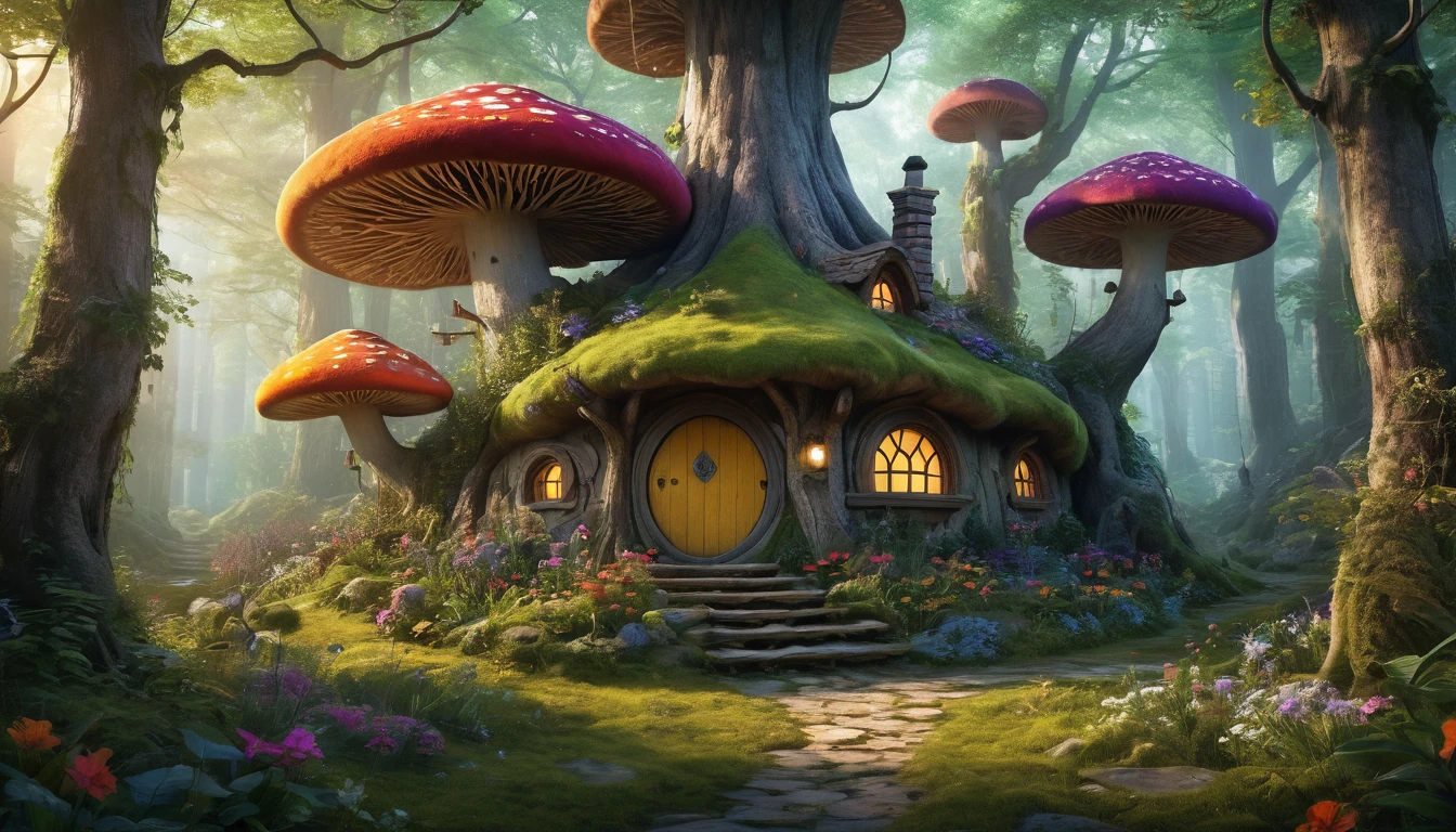 (Mysterious fantasy forest，Dense trees，A strange and cute little tree:1.5)，A hobbit cabin, It is vividly depicted in the work (Best quality, 8K, Advanced resolution, Masterpiece: 1.2), With ultra-detailed detail， (1.4x realism, Photorealistic: 1.37). This fantasy forest is made up of bright colors，bathed in the warm glow of the sun, Create a cheerful and whimsical atmosphere. The house has been designed with great attention to detail, With a complex design and unique architecture, Similar to a mushroom-shaped house。 (This fantasy forest is surrounded by lush greenery and colorful flowers), Elevate a captivating and magical environment。 The artwork showcases an illustrative style, Inspired by children's book illustrations, Ensures a glamorous and nostalgic touch. The color palette consists of vibrant rainbow colors, Seven colors，Evoke feelings of joy and playfulness. Lighting accentuates the picturesque scene, Soft and warm shadows are created that add depth and warmth to the artwork. Every detail is impeccablely presented, creating a visually stunning masterpiece，Capture the essence of the fantasy forest.