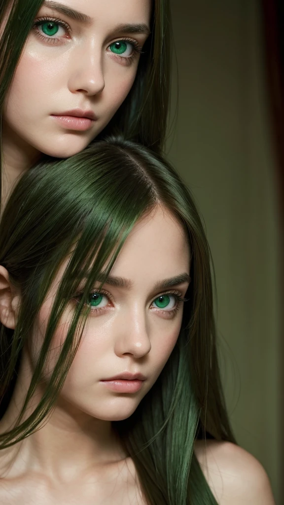 a girl.  face sent feeling.  Europe.  Oval face.  long face.  delicate facial features.  sad eyes.  seductively seductive.  green eyes.  long straight hair.  green hair.  Sad and disappointed expression.