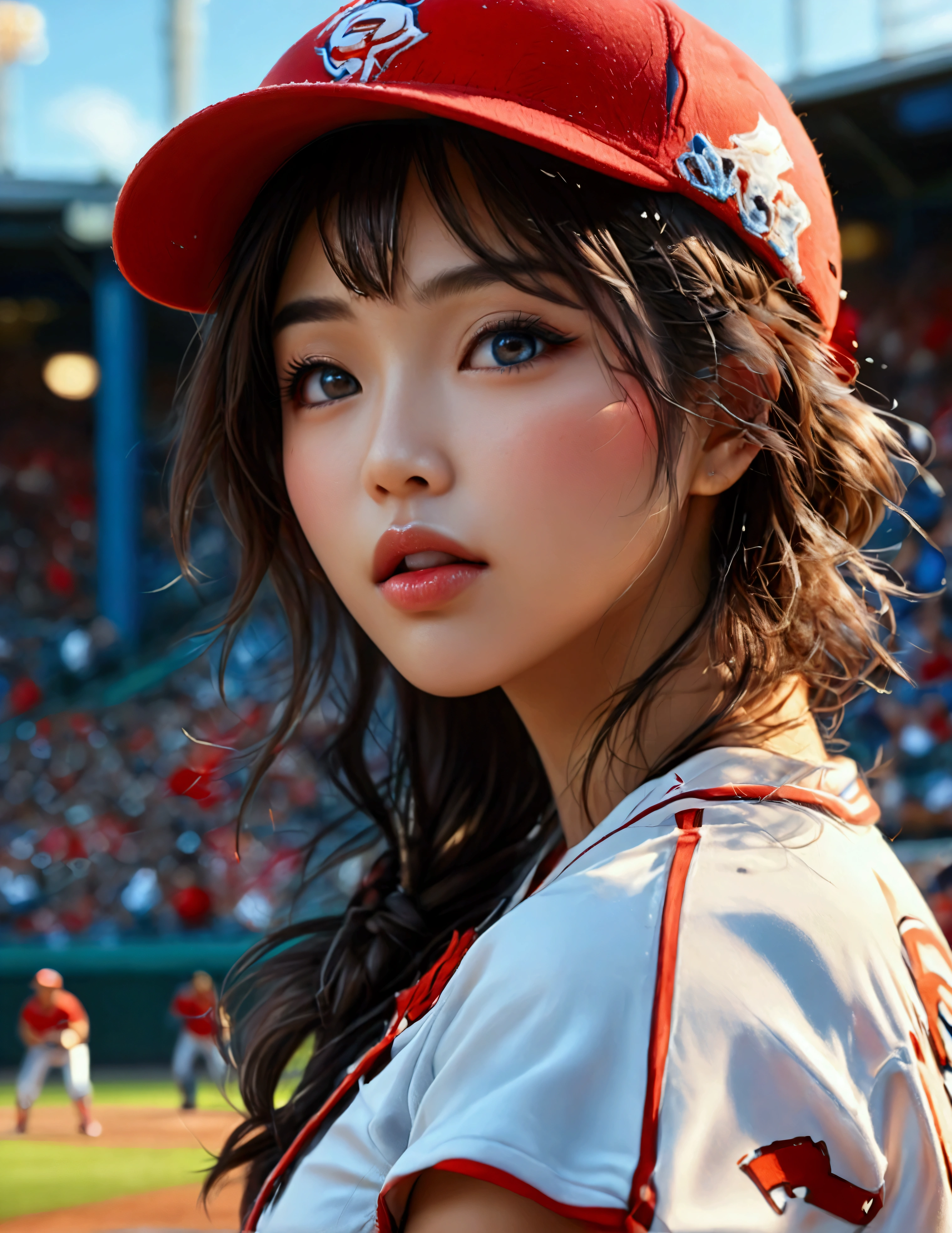 a beautiful japanese woman in a foxy baseball uniform, pitching a ball, detailed facial features, beautiful eyes, detailed lips, long eyelashes, flawless skin, toned athletic body, baseball stadium, cheering crowd, dynamic action, (best quality, 4k, 8k, highres, masterpiece:1.2), ultra-detailed, (realistic, photorealistic, photo-realistic:1.37), HDR, UHD, studio lighting, ultra-fine painting, sharp focus, physically-based rendering, extreme detail description, professional, vivid colors, bokeh, sports, baseball, anime
