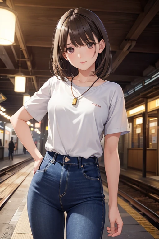 anegasaki nene、Shiny brown hair, short hair, (Beautiful brown eyes、Sparkling eyes, Fine grain)、smile、Ultra-detailed eyes、Highly detailed face, Highly detailed eyes,


(16K, RAW Photos, Realistic: 1.25), Highest quality,Artistic,
(((nightの電車のプラットホーム, Vintage wooden station,Spotlights illuminate the platform with cinematic lighting style))),

((Realistic lighting、Highest quality、8K、Masterpiece:1.3))、Clear focus:1.2、 Babes、Perfect Body Beauty:1.4、Slim Abs:1.1、Human whole body、(Acceleration:1.4)、(Exterior、night:1.1)、Narrow Face、Beautiful Eyes、double eyelid、Fashion model posing、Floating Hair、T-Shirts、jeans、pendant、