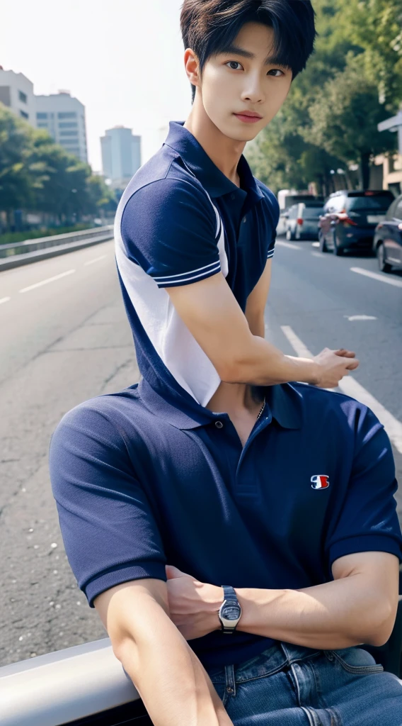 ((realistic daylight)) , Young Korean man in a navy blue polo shirt and jeans, A handsome, muscular young Asian man looks at the camera. In a simple t-shirt blue and red , roadside traffic ,((look sideways))