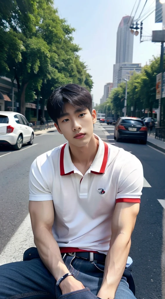 ((realistic daylight)) , Young Korean man in a navy blue polo shirt and jeans, A handsome, muscular young Asian man looks at the camera. In a simple t-shirt blue and red , roadside traffic ,((look sideways))