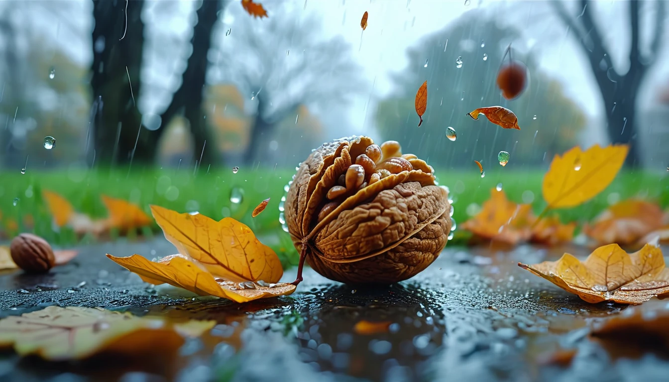 there is a walnut that is sitting on the grass in the rain, magical leafs falling, nature documentry footage, youtube video screenshot, today's featured photography 4k, autumn rain turkel, nature photography 4k, november, cinematic widescreen shot, leaves and magic, high quality screenshot, 2 0 2 1 cinematic 4 k framegrab, wide screenshot