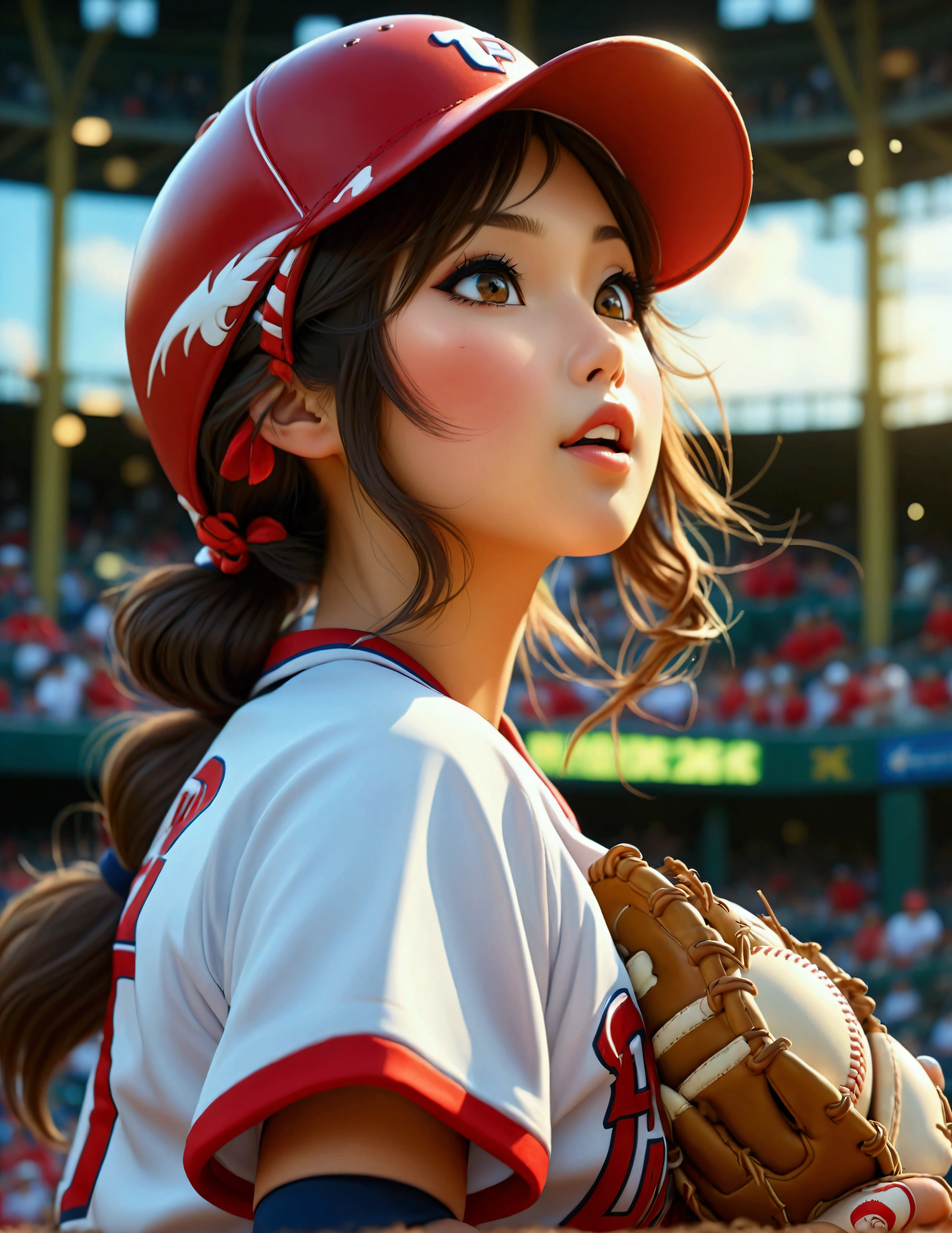 a beautiful japanese woman in a foxy baseball uniform, pitching a ball, detailed facial features, beautiful eyes, detailed lips, long eyelashes, flawless skin, toned athletic body, baseball stadium, cheering crowd, dynamic action, (best quality, 4k, 8k, highres, masterpiece:1.2), ultra-detailed, (realistic, photorealistic, photo-realistic:1.37), HDR, UHD, studio lighting, ultra-fine painting, sharp focus, physically-based rendering, extreme detail description, professional, vivid colors, bokeh, sports, baseball, anime
