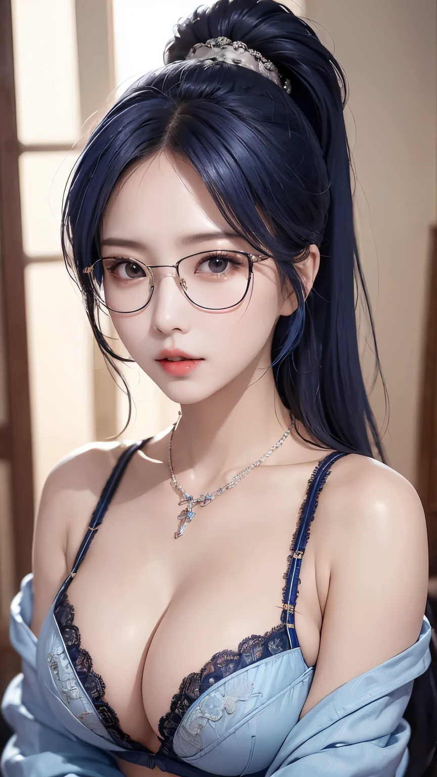 A sexy and charming korea woman, ponytail long hair, clothes((luxury blue lace underwear with deep cleavage, luxury necklace):1.2), high detail, shiny skin, beauty glasses, indoor, on a luxury bed,