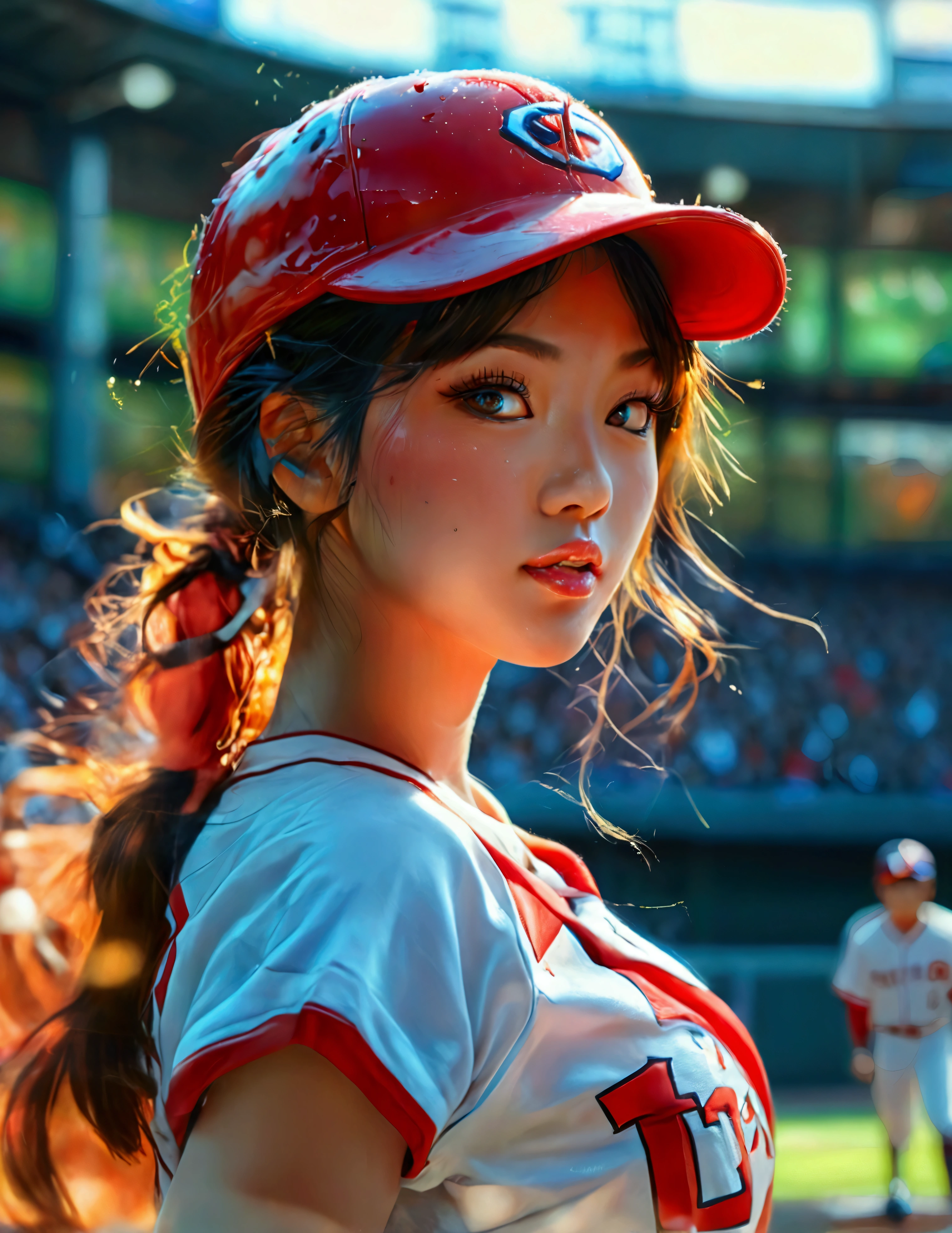 a beautiful japanese woman in a foxy baseball uniform, pitching a ball, detailed facial features, beautiful eyes, detailed lips, long eyelashes, flawless skin, toned athletic body, baseball stadium, cheering crowd, dynamic action, (best quality, 4k, 8k, highres, masterpiece:1.2), ultra-detailed, (realistic, photorealistic, photo-realistic:1.37), HDR, UHD, studio lighting, ultra-fine painting, sharp focus, physically-based rendering, extreme detail description, professional, vivid colors, bokeh, sports, baseball, anime
