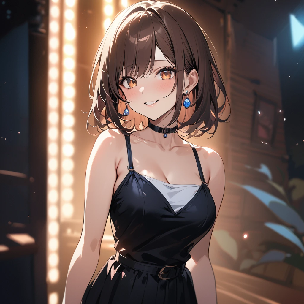 1 Girl, Bob, Center Part, amount, Brown Hair, Earrings, Brown eyes, smile, break (masterpiece), (High resolution 8k), Cinema Lighting, Professional Lighting, Detailed eyes and face, Detailed body, break 水着, choker, Bare arms, Bare shoulders, skirt