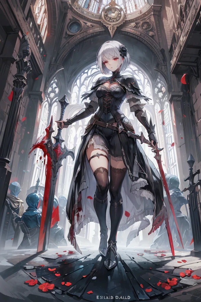 dark fantasy、masterpiece、highest quality、Gothic、dark soul、Bloodborne、Dark worldview、A woman in a black dress wields a sword、white short cut hair、beautiful features、sexy lips、red eyes、Depiction in detail、luxury black dress、For ceremonial use、Armed、cloak、flower decoration、Ornate decoration、tiered skirt、overskirt、high heels、beautiful decorative sword、antique、clothed in light、collapsed cathedral、desolate association、sword grave marker、desolate graveyard、stained glass effect、