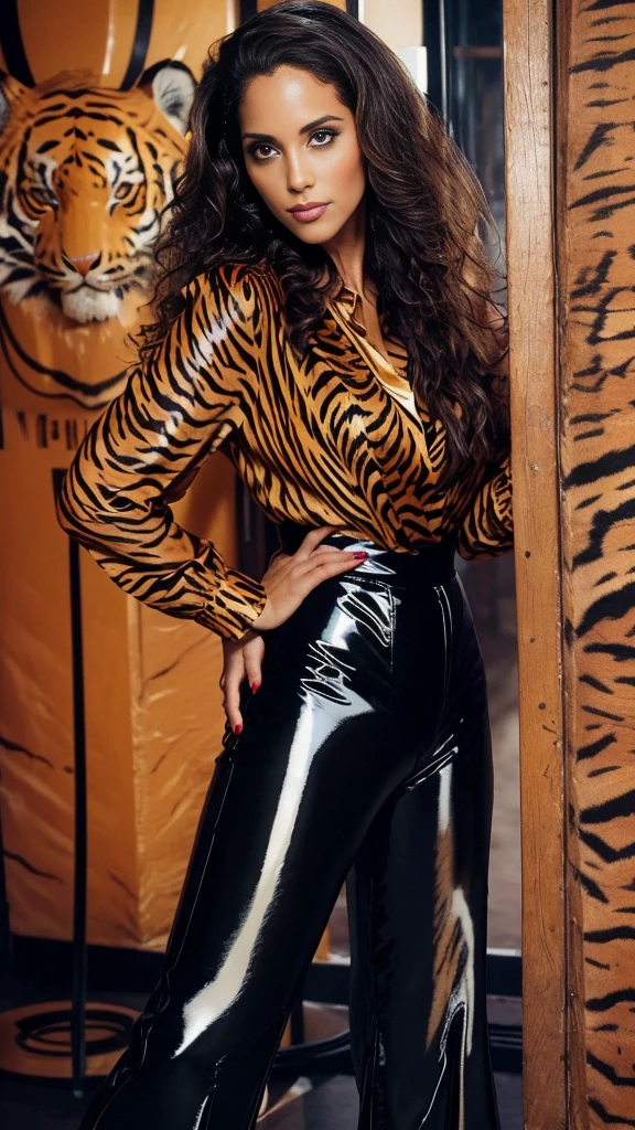 (Elizabeth Berkley)long  black hair, gorgeous eyes, high arched eyebrows, seductive look,looking at viewer,big breasts,exposed cleavage,sexy thick body, (tiger print blouse black vinyl pants:1.5), black leather pants, stilettos, midnight modern metropolis Paris France neon signs background, spot lighting, backlight on hair, shallow depth of field, bokeh, sexy pose(no nsfw images)