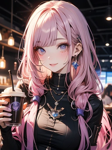 Futuristic Girl, Purple eyes, space, Pink Hair, Long Hair, Futuristic Coffee Shop,One Girl,Beautiful attention to detail, Detailed face, cute,