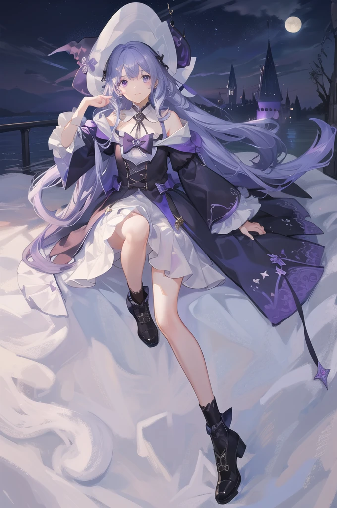1 girl in、Light blue long hair、half up、(Purple eyes)、witch's hat、Harry Potter Dresses、Knee-length skirt、Looking at the camera、Stuffed cat、full bodyesbian、Standing Picture、fullmoon、Castles、uses magic、magic wand in hand、(High resolution of the highest quality)、((masterpiece best quality:1.2))