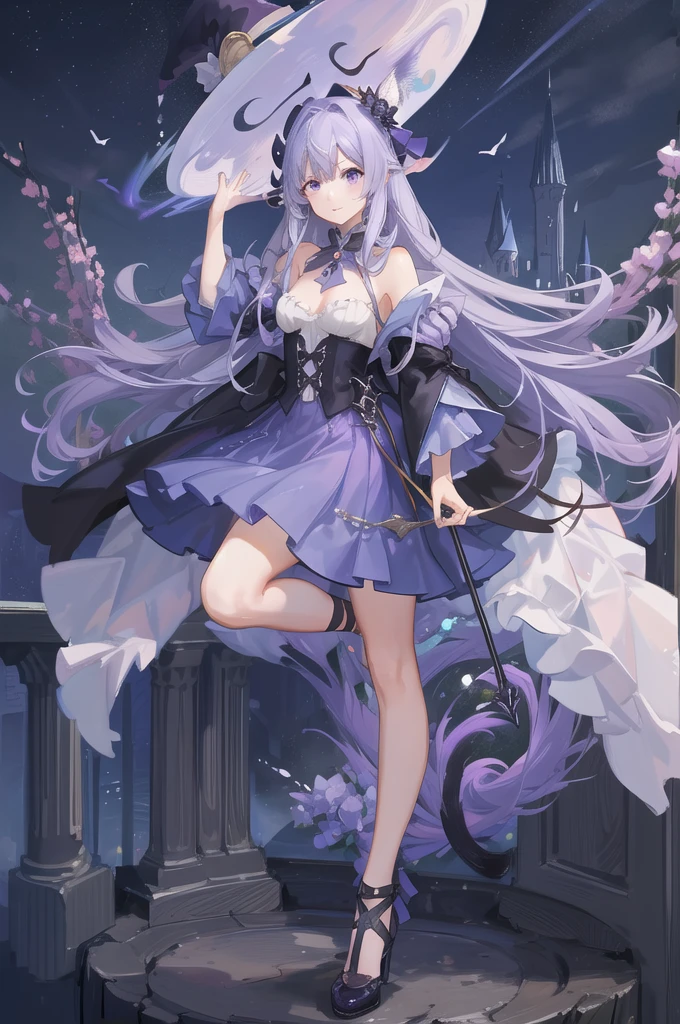 1 girl in、Light blue long hair、half up、(Purple eyes)、witch's hat、Harry Potter Dresses、Knee-length skirt、Looking at the camera、Stuffed cat、full bodyesbian、Standing Picture、fullmoon、Castles、uses magic、magic wand in hand、(High resolution of the highest quality)、((masterpiece best quality:1.2))