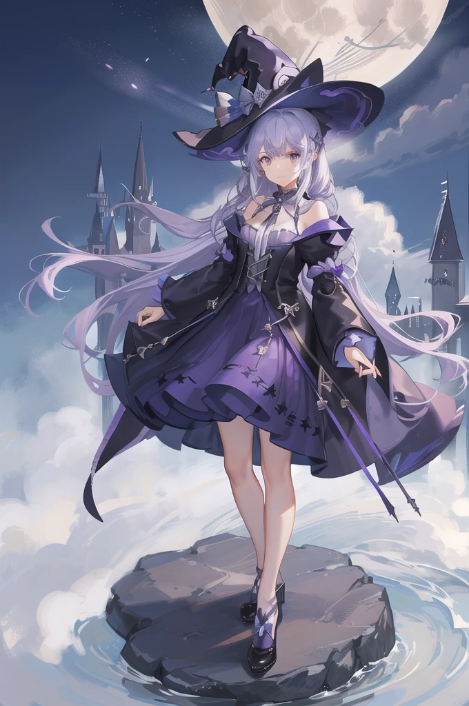 1 girl in、Light blue long hair、half up、(Purple eyes)、witch's hat、Harry Potter Dresses、Knee-length skirt、Looking at the camera、Stuffed cat、full bodyesbian、Standing Picture、fullmoon、Castles、uses magic、magic wand in hand、(High resolution of the highest quality)、((masterpiece best quality:1.2))