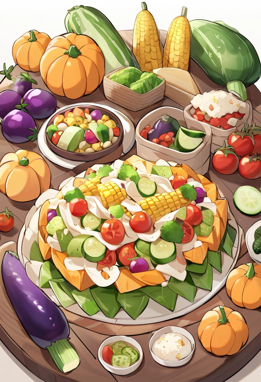 Summer vegetables On the table tomato Cucumber eggplant corn pumpkin a lot