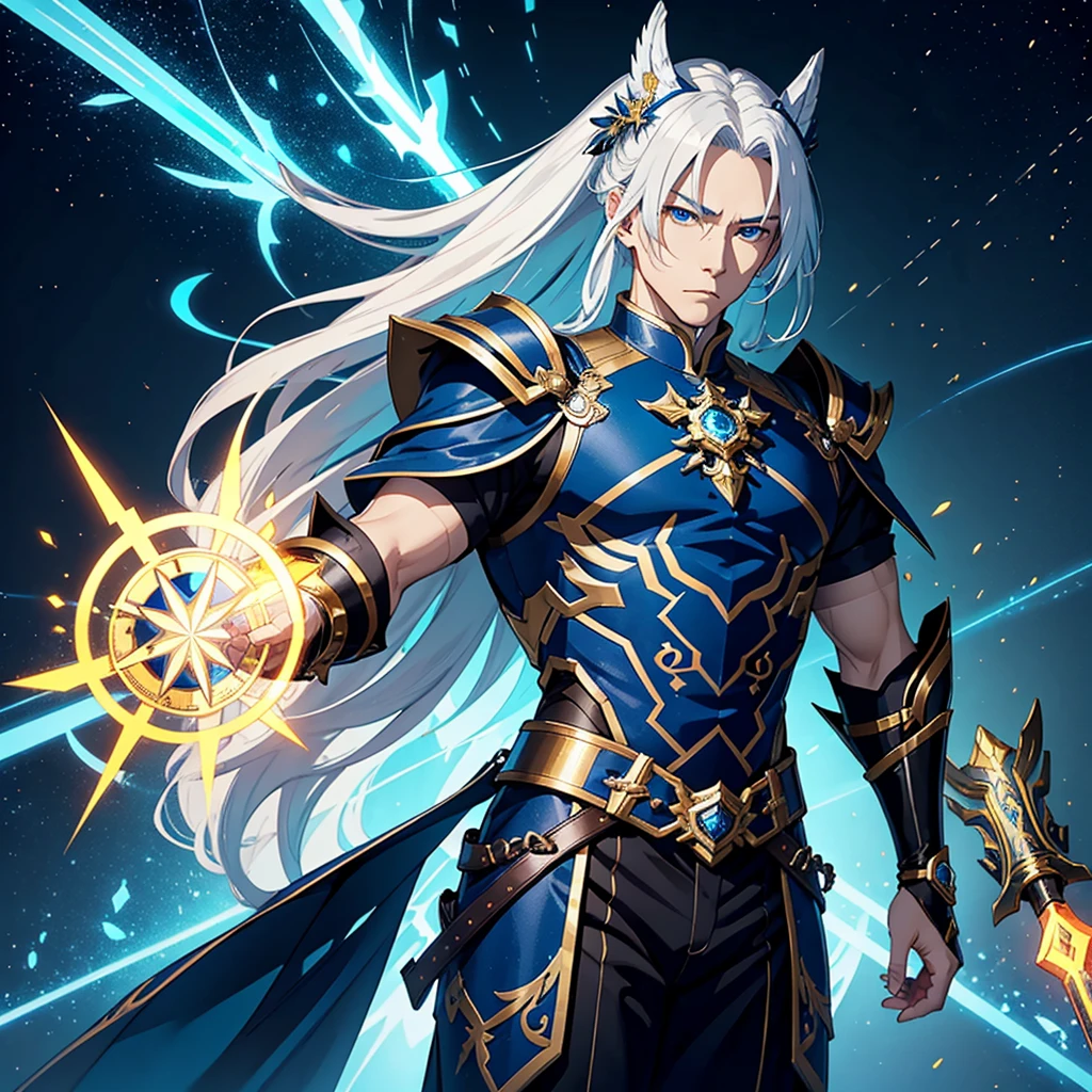 Draw Jing Yuan, the imposing high-ranking commander from the game Honkai Star Rail. Jing Yuan has long white hair that flows smoothly over his shoulders, complementing his piercing blue eyes and a serious, resolute expression. His armor is intricate, composed of silver metal plates with gold and royal blue details, reflecting his elevated status. The armor includes ornate pauldrons, a robust chestplate, and decorated gauntlets, all with a metallic sheen exuding power and authority. Jing Yuan holds a long, elegant sword, with a shining silver blade and a hilt adorned with mystical inscriptions and blue jewels. Around Jing Yuan, the setting is futuristic and majestic, with grand structures of advanced architecture, illuminated by blue and gold neon lights. The sky in the background is filled with stars and nebulas, giving a sense of vastness and mystery. Streaks of energy traverse the environment, creating an electrifying and dynamic atmosphere. Jing Yuan stands in a position of leadership, perhaps at the top of an imposing staircase or on an elevated platform, highlighting his commanding and charismatic presence. Capture the essence of his leadership and power, emphasizing his striking presence and sophisticated appearance.