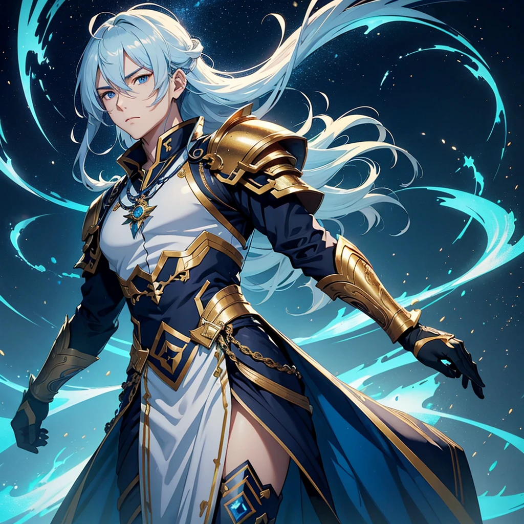Draw Jing Yuan, the imposing high-ranking commander from the game Honkai Star Rail. Jing Yuan has long white hair that flows smoothly over his shoulders, complementing his piercing blue eyes and a serious, resolute expression. His armor is intricate, composed of silver metal plates with gold and royal blue details, reflecting his elevated status. The armor includes ornate pauldrons, a robust chestplate, and decorated gauntlets, all with a metallic sheen exuding power and authority. Jing Yuan holds a long, elegant sword, with a shining silver blade and a hilt adorned with mystical inscriptions and blue jewels. Around Jing Yuan, the setting is futuristic and majestic, with grand structures of advanced architecture, illuminated by blue and gold neon lights. The sky in the background is filled with stars and nebulas, giving a sense of vastness and mystery. Streaks of energy traverse the environment, creating an electrifying and dynamic atmosphere. Jing Yuan stands in a position of leadership, perhaps at the top of an imposing staircase or on an elevated platform, highlighting his commanding and charismatic presence. Capture the essence of his leadership and power, emphasizing his striking presence and sophisticated appearance.