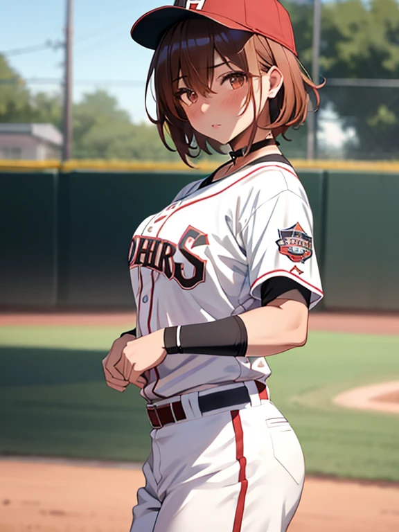 Baseball Player, cute, Pitiful, Girl, short hair, Misaka Mikoto, 1girl, black choker, uhd, retina, masterpiece, ccurate, anatomically correct, textured skin, super detail, high details, high quality, best quality, highres, 4K