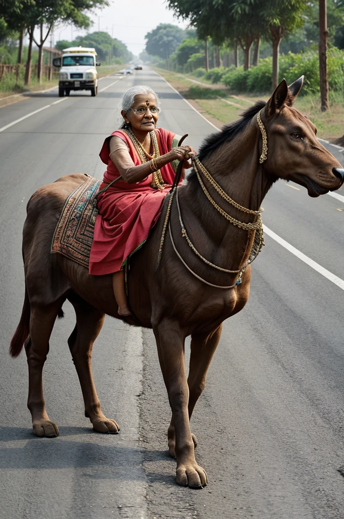 A Indian old woman making big animals on road