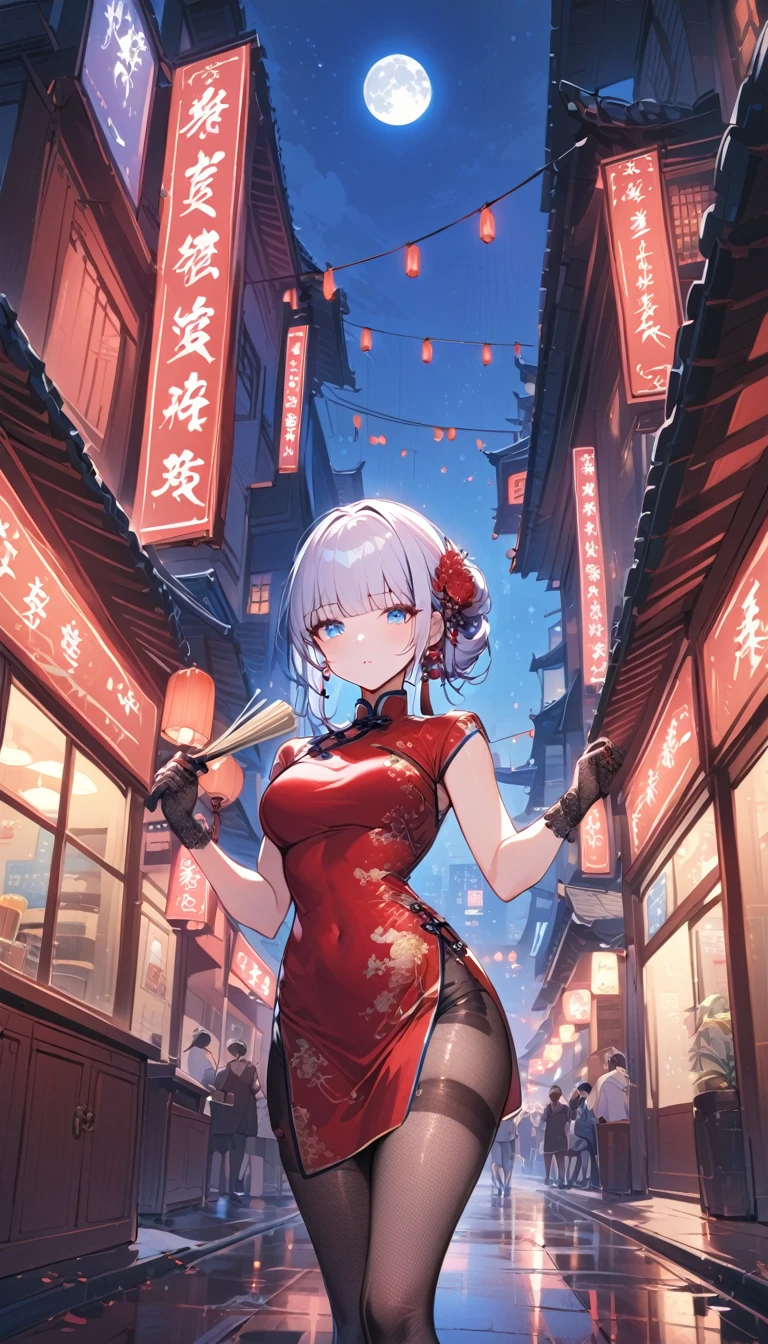 masterpiece, the best, night, Full Moon, 1 adult female, Chinese Architecture, cheongsam, China costume, Royal sisters, cold noodle, poker face, Woman with long silver hair, Light pink lips, Fishnet stockings, calm, Intellectuals, Triple hit, Lace gloves, blue eyes, Street View, Facial details,blue