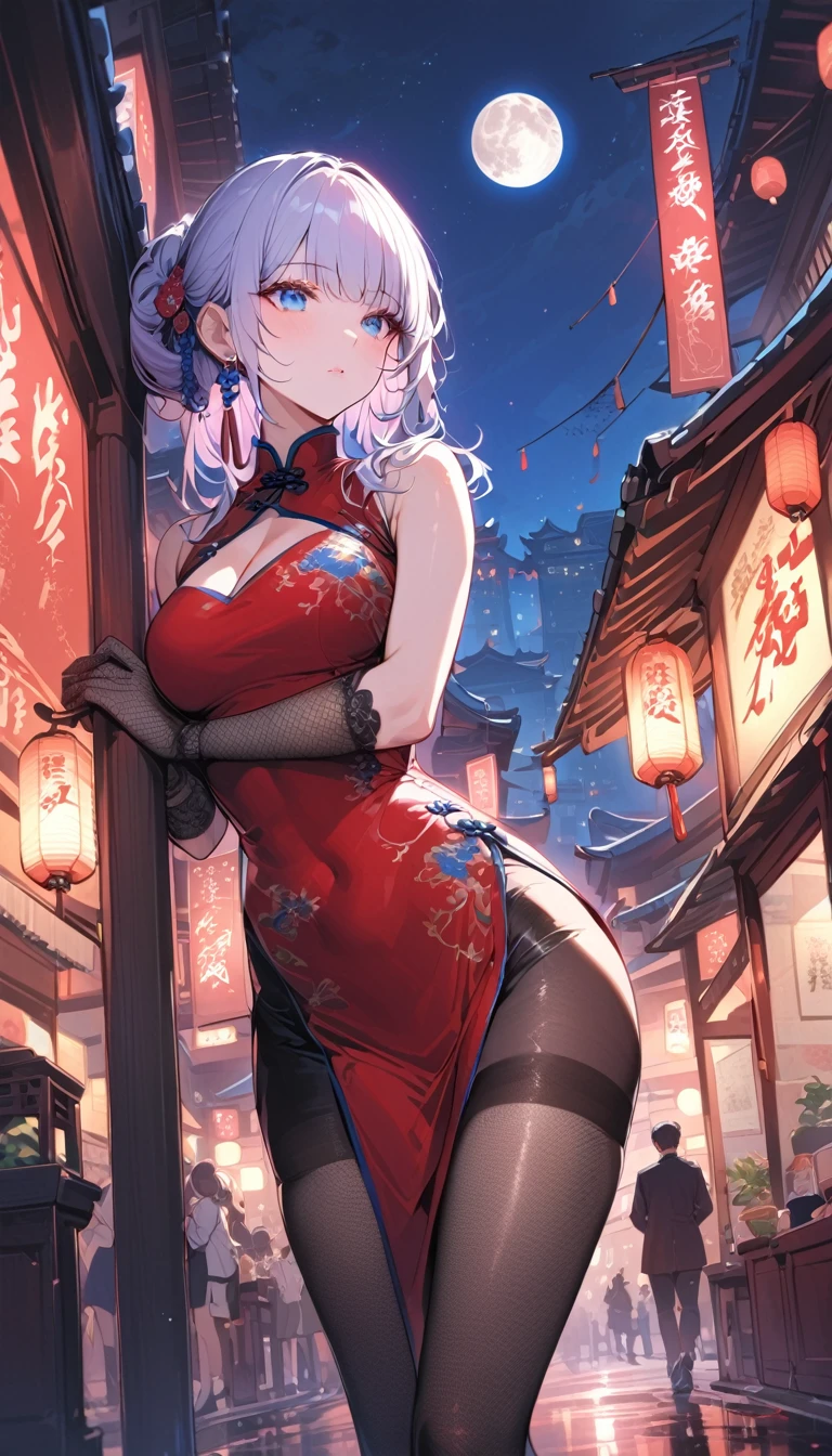 masterpiece, the best, night, Full Moon, 1 adult female, Chinese Architecture, cheongsam, China costume, Royal sisters, cold noodle, poker face, Woman with long silver hair, Light pink lips, Fishnet stockings, calm, Intellectuals, Triple hit, Lace gloves, blue eyes, Street View, Facial details,blue