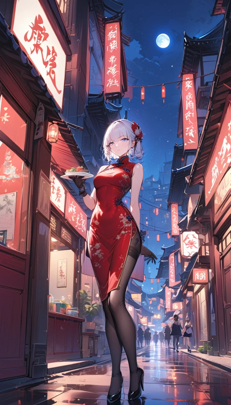 masterpiece, the best, night, Full Moon, 1 adult female, Chinese Architecture, cheongsam, China costume, Royal sisters, cold noodle, poker face, Woman with long silver hair, Light pink lips, Fishnet stockings, calm, Intellectuals, Triple hit, Lace gloves, blue eyes, Street View, Facial details,blue