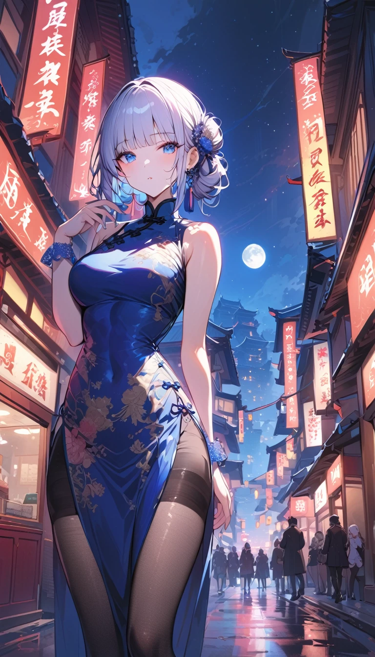 masterpiece, the best, night, Full Moon, 1 adult female, Chinese Architecture, cheongsam, China costume, Royal sisters, cold noodle, poker face, Woman with long silver hair, Light pink lips, Fishnet stockings, calm, Intellectuals, Triple hit, Lace gloves, blue eyes, Street View, Facial details,blue