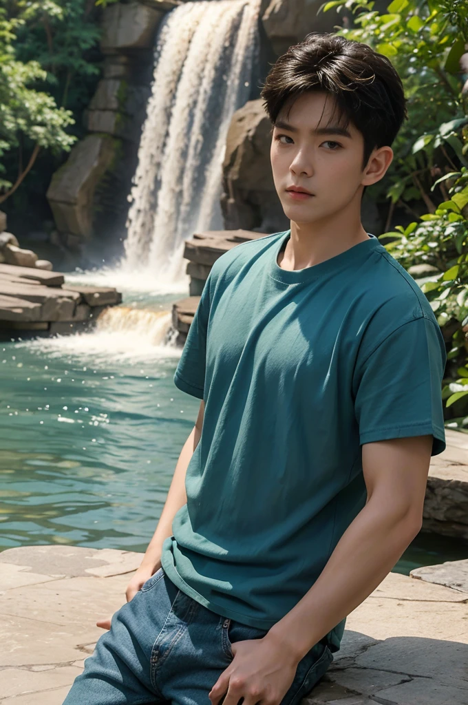 ((realistic daylight)) , Young Korean man in only a green t-shirt, no pattern. (Denim coat)  Jeans, A handsome, muscular young Asian man looks at the camera. In a simple t-shirt blue and red , By the waterfall ,turn sideways