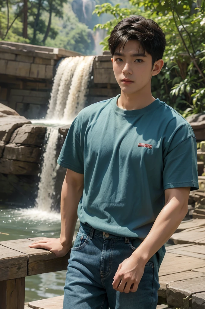 ((realistic daylight)) , Young Korean man in only a green t-shirt, no pattern. (Denim coat) Jeans, A handsome, muscular young Asian man looks at the camera. In a simple t-shirt blue and red , By the waterfall ,turn sideways