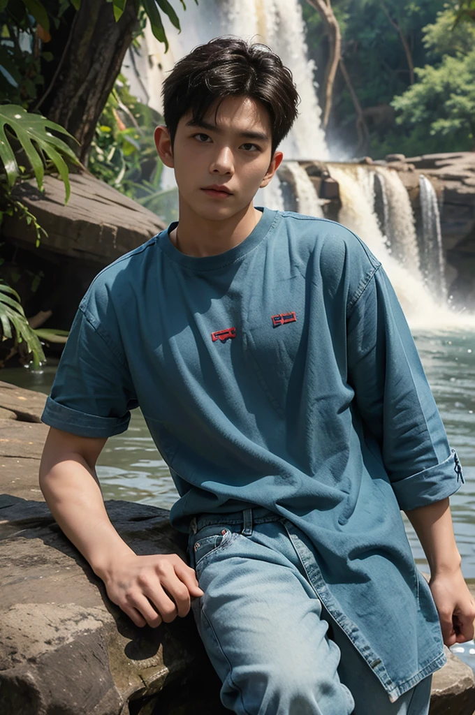 ((realistic daylight)) , Young Korean man in only a green t-shirt, no pattern. (Denim coat)  Jeans, A handsome, muscular young Asian man looks at the camera. In a simple t-shirt blue and red , By the waterfall ,turn sideways