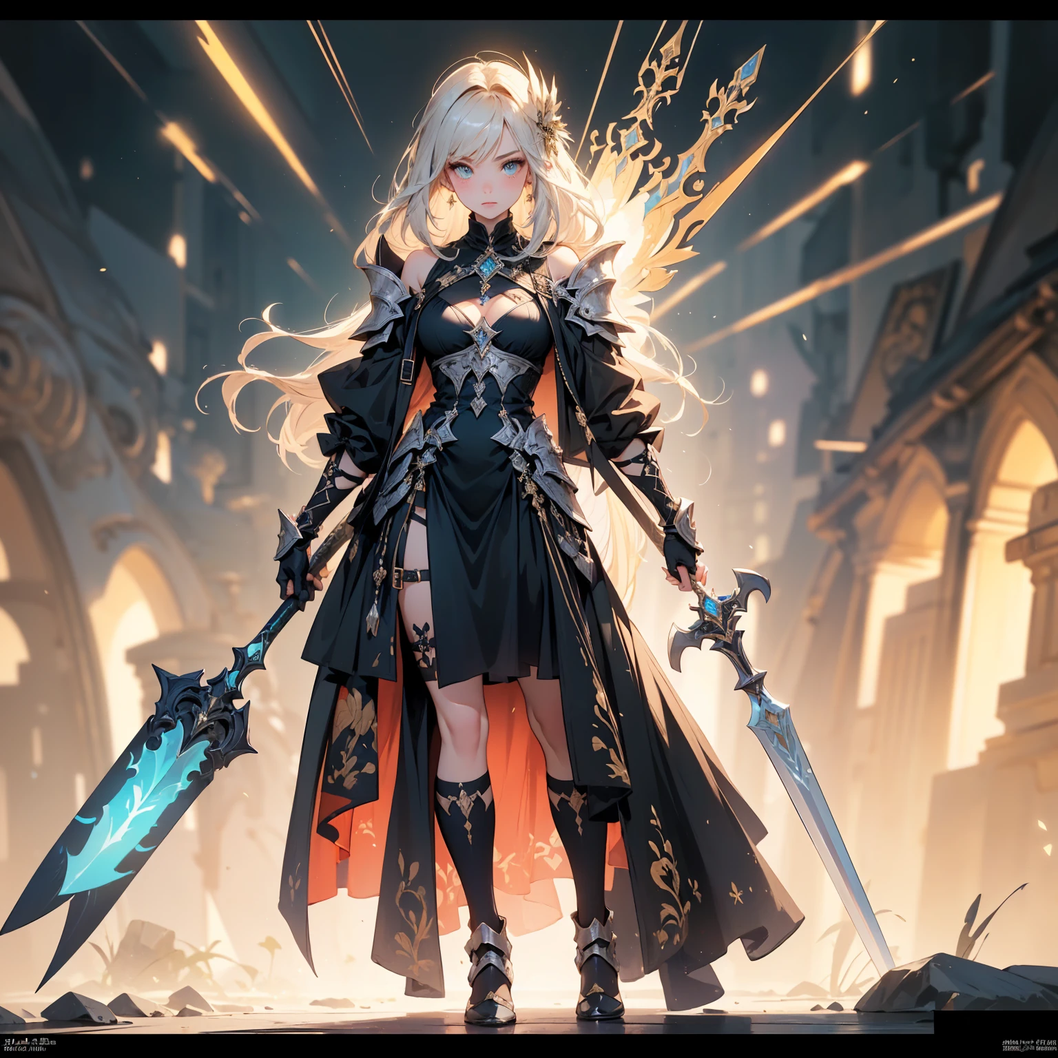 Design a layout showcase Gaming character, (1girl). Golden+Purle clothes, stylish and unique, ((showcase weapon:1.4)), magic staff, (masterpiece:1.2), (best quality), 4k, ultra-detailed, (Step by step design, layout art:1.5), (luminous lighting, atmospheric lighting), magican, ((glove full hands)), (((revealing clothes:1.3))), vambraces, armored legwear, (((full_body_shot:1.4)))
